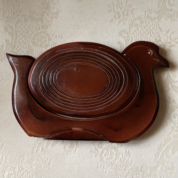 Vintage decorative wooden duck fruit basket, trivet, handmade, great details - Picture 8 of 11